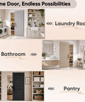 Zero Hassle Concealed Barn Door With Butter Smooth Soft Close Glide And Show Stopper Two Panel Raised Arch Design In Crisp White Primer, shown in laundry room, bathroom, and pantry settings.