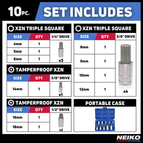 Set includes XZN Triple Square Socket Set For 1/4-Inch 3/8-Inch And 1/2-Inch Drives shown with socket sizes and portable case.