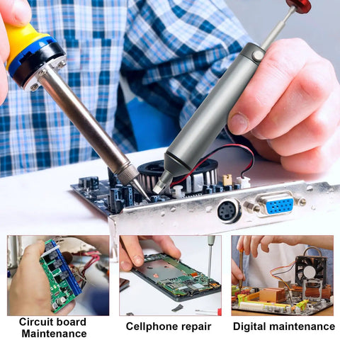 Heavy Duty Desoldering Pump With Strong Suction For PCB Repairs used on circuit board in workshop.