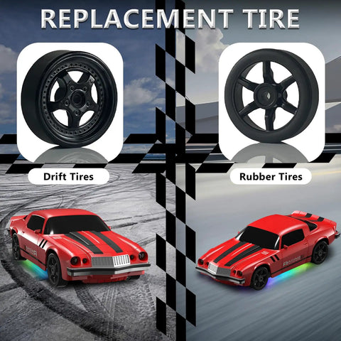 1:24 RC Drift Car 4WD With 2.4GHz Radio featuring pro drift tires and rubber tires, red model with LED lights, great gift idea