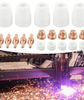 Premium 20-Pack Plasma Cutter Consumables For PT-31 Torch Nozzle Tips Electrodes including copper tips and ceramic nozzles.