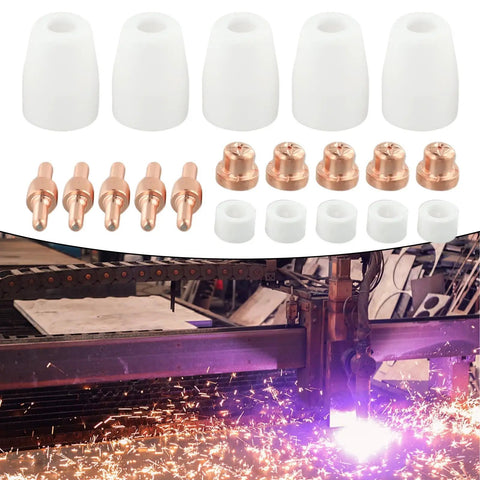 Premium 20-Pack Plasma Cutter Consumables For PT-31 Torch Nozzle Tips Electrodes including copper tips and ceramic nozzles.