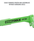 Wheel Bearing Removal Tool Kit for Axle Bolted Hubs With Reinforced Striking Plate, shown in green with text 'OEM TOOLS' and '25749'