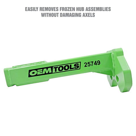 Wheel Bearing Removal Tool Kit for Axle Bolted Hubs With Reinforced Striking Plate, shown in green with text 'OEM TOOLS' and '25749'