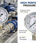 2.5 Inch Glycerin Filled Pressure Gauge 0 To 300 PSI 20 Bar With One Quarter Inch NPT Lower Mount installed in industrial setting