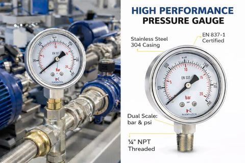 2.5 Inch Glycerin Filled Pressure Gauge 0 To 300 PSI 20 Bar With One Quarter Inch NPT Lower Mount installed in industrial setting