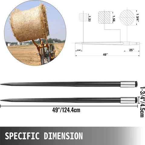 Diagram and photo of Beefy 49 Inch Hay Bale Spear Spike With Quick Attach 4000 Lb Capacity Square Bale Forks in use and dimensions
