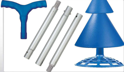 Portable Hand Powered Clothes Washer With Smooth Plunger Action Compact Collapsible Aluminum Handle parts, including blue handle and cones.