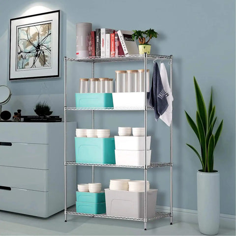 Metal shelving unit in living room with decor, boxes, and containers; fits 54 Pack Wire Shelf Lock Clips For 1 Inch Post Shelving Black ABS Plastic And Metal Replacement Clips For Metro Thunder Group Alera And More Heavy Duty And Secure.