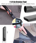7 Piece Vacuum Attachment Kit With Crevice Tool cleaning car interior and tools; 1-1/4 inch attachment in use