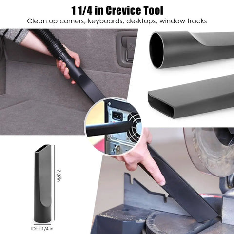 7 Piece Vacuum Attachment Kit With Crevice Tool cleaning car interior and tools; 1-1/4 inch attachment in use
