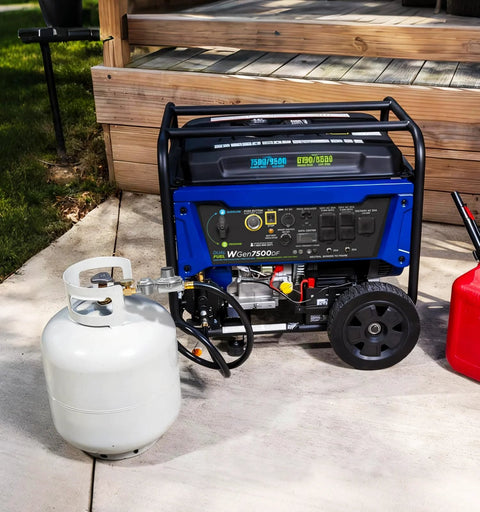 Generator connected to Two Stage Propane Regulator With Gauge For RV And Outdoor Appliances NUPICK POL Inlet And Three Eighths Inch Female NPT Outlet