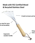 Eco Hand Rake And Soil Tiller For Gardening, 100 Percent Recycled Stainless Steel with FSC Certified Wood Ergonomic Handle