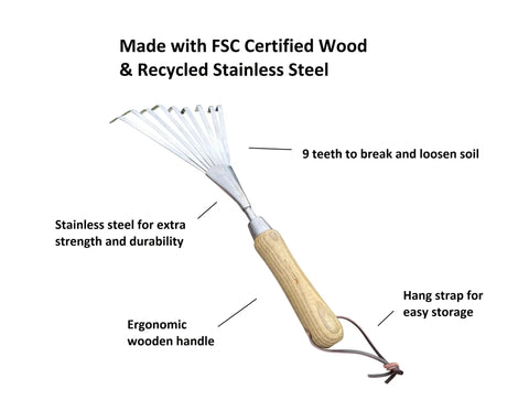 Eco Hand Rake And Soil Tiller For Gardening, 100 Percent Recycled Stainless Steel with FSC Certified Wood Ergonomic Handle