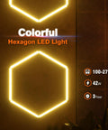 Multi Color Hexagon Garage Lights With 3 Level Dimmable Brightness Plug And Play Hex Ceiling And Wall Light For Garage Workshop Gym And Game Room Orange Easy Install Buy Now showing hexagon LED lights on wall with specs.