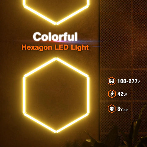 Multi Color Hexagon Garage Lights With 3 Level Dimmable Brightness Plug And Play Hex Ceiling And Wall Light For Garage Workshop Gym And Game Room Orange Easy Install Buy Now showing hexagon LED lights on wall with specs.