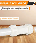 Rock Solid One And One Half Inch Compression Pvc Coupling Fittings 5 Pack Schedule 40 Pipe Connector For Home Plumbing And Water Lines, showing installation on PVC pipe.