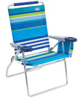 Extra Tall 17 Inch High Folding Beach Chair With Four Position Recline For Beach Camping And Lawn Built On A Rustproof Aluminum Frame With Safe Adjust Technology in blue stripes