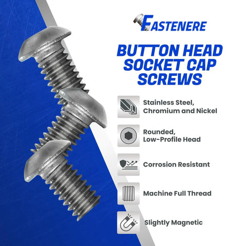 Badass 1/4-28 X 3/8 Button Head Socket Cap Screws Cut From 18-8 Stainless Steel With Full Threading And Allen Key Drive, showing two screws.