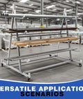 Smooth Rolling Cantilever Pipe Rack Cart With Five Tier Horizontal Lumber Storage Setup 1800 Pound Capacity Beast Mode Iron Frame Utility Shelving for Garage Workshop shown with various lumber and pipes.