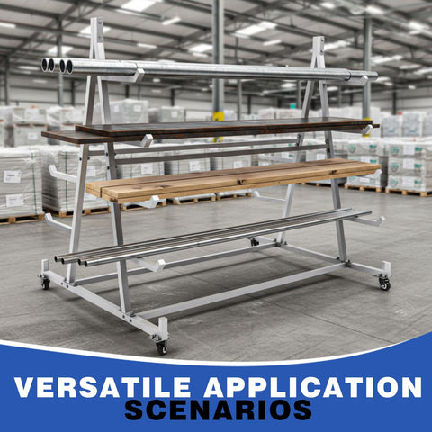 Smooth Rolling Cantilever Pipe Rack Cart With Five Tier Horizontal Lumber Storage Setup 1800 Pound Capacity Beast Mode Iron Frame Utility Shelving for Garage Workshop shown with various lumber and pipes.