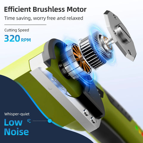 Heavy Duty Cordless Electric Cutter With 4V Rechargeable Battery And Two Sharpened Rotary Blades close-up of efficient brushless motor showing 320 RPM cutting speed.