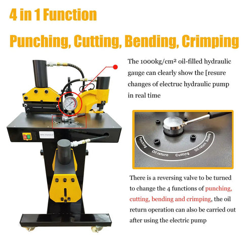 4 In 1 Electric Hydraulic Busbar Cutter Bender Crimper Puncher Machine with Adjustable Valve AC110V showcasing operation panel