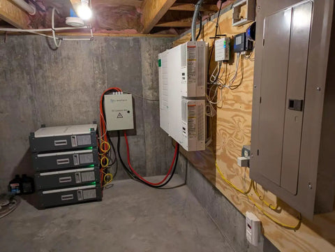 No Sweat 500A DC Combiner Box 4 To 2 Out Pre Wired Cable Kit for 48V Lifepo4 Battery Bank in basement setup.