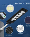 Close-up of Two Pack Solar Street Lights 20000 Lumens Dusk To Dawn Outdoor Lighting with IP66 waterproof motion sensor and components.