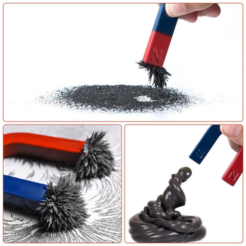 Hands On Science Magnets Experiment Kit For Kids And Students, Cool Physics And STEM Tools with bar magnets and iron filings.
