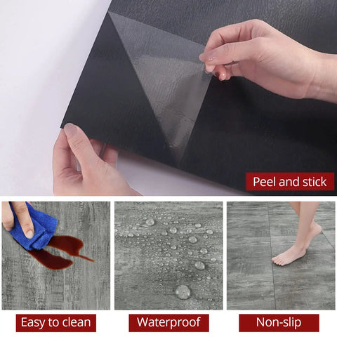 Grey Peel And Stick Floor Tiles 20 Pack, 12x12 Inch, showcasing peel and stick application, easy to clean, waterproof, non-slip features