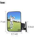 Universal Folding Golf Cart Side Mirrors With No Drill Install Roof Bracket showcasing size dimensions, fits Yamaha, Club Car, EZGO.