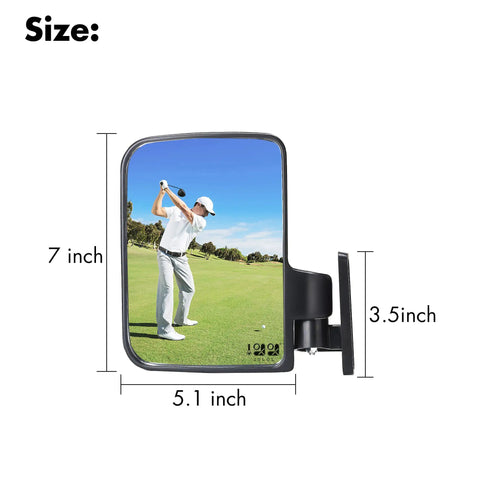 Universal Folding Golf Cart Side Mirrors With No Drill Install Roof Bracket showcasing size dimensions, fits Yamaha, Club Car, EZGO.