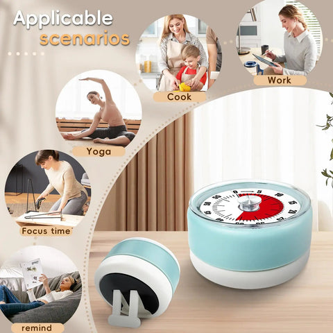 Go To Visual Kitchen Timer for Cooking 0-60 Minutes, blue mechanical magnetic timer with loud alarm in kitchen and office setting.