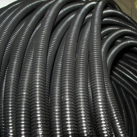 Close-up of black 1 Inch Split Loom Tubing 20 Feet, flexible wire conduit hose for automotive marine hydraulic wiring protection.