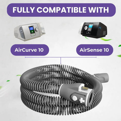 Insulated Warming Climate Line CPAP Hose for AirSense 10 and AirCurve 10, 6 foot S10 tube, coiled, compatible devices shown