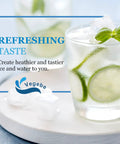 Glass of cucumber and mint water, ice cubes; promoting inline water filter for ice makers and refrigerators post activated carbon