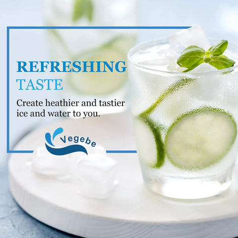 Glass of cucumber and mint water, ice cubes; promoting inline water filter for ice makers and refrigerators post activated carbon