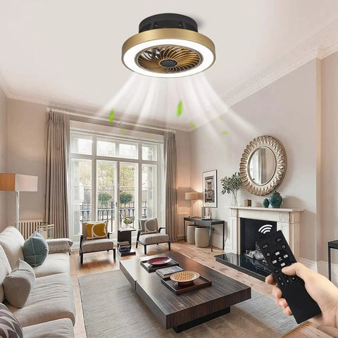 Enclosed Low Profile Ceiling Fan With Light In Modern Gold 3 Color Dimming LED Lights 6 Speed Indoor Ceiling Fan For Living Room