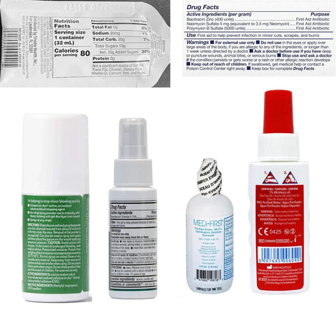 Front view of first aid bottles: green spray antiseptic, white drug-facts spray, Medi-First bottle, red-capped bottle.