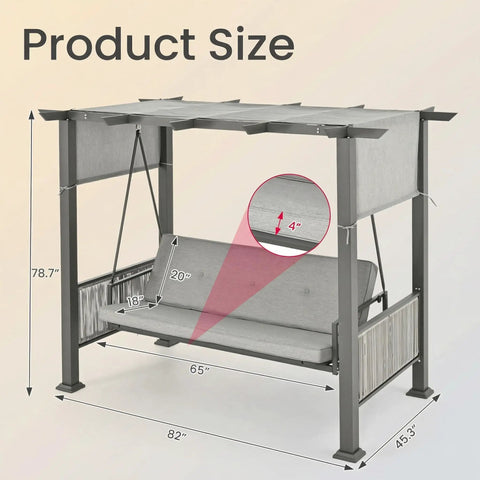 2 In 1 Convertible Porch Swing Bed For Three With Wicker Armrests And Adjustable Canopy, showing product dimensions