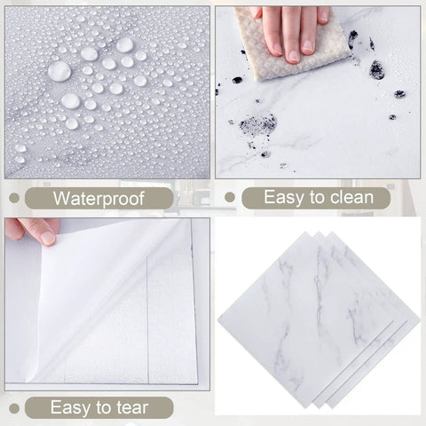 Image showing 48 Pack Peel And Stick Vinyl Floor Tiles 12 By 12 Inch Dope DIY Friendly Self Adhesive Waterproof Floor Tiles For Home Upgrade Bathroom Kitchen Bedroom Living Room White Marble Look Easy Install Removable With No Residue. Features highlight waterproof, easy to clean, and peel qualities.