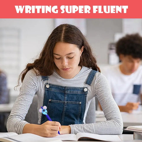 Student using a Five Cute Cartoon Mouse Head Ballpoint Pens Set With Retractable Tips In Multiple Colors for notes in class.