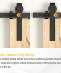 Sliding Barn Door Stop Upgrade Set Black Pair Of Stoppers For Top Track Hardware Prevents Wheels From Slipping Off Rail On Track Width Of One And Nine Sixteenth Inches And Track Thickness Of One Quarter Inch Suitable For Rollers Under Three And Fifteen installed on wooden sliding door