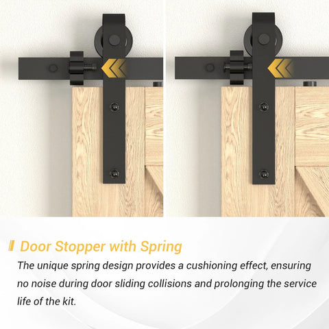 Sliding Barn Door Stop Upgrade Set Black Pair Of Stoppers For Top Track Hardware Prevents Wheels From Slipping Off Rail On Track Width Of One And Nine Sixteenth Inches And Track Thickness Of One Quarter Inch Suitable For Rollers Under Three And Fifteen installed on wooden sliding door
