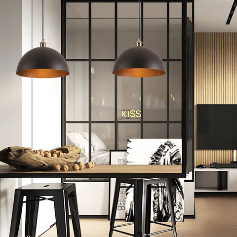 Vintage Black Pendant Light Dome Fixture With Retro Farmhouse Vibe over modern kitchen island with stools