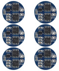 Top Tier Six Piece 2S Lithium Battery BMS Board With 5A Steady And 7A Burst Current Guard For 18650 Cells on PCB, blue circular design.