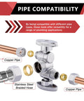 Pack Of 5 1/4 Turn Dual Compression Angle Stop Valves With Two Shutoff Handles, 1/2 In Nom Inlet (5/8 In OD) To 3/8 In Outlet, chrome plated