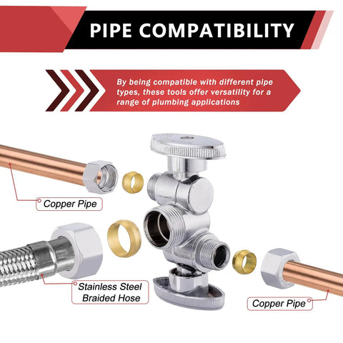 Pack Of 5 1/4 Turn Dual Compression Angle Stop Valves With Two Shutoff Handles, 1/2 In Nom Inlet (5/8 In OD) To 3/8 In Outlet, chrome plated