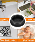 Three-Piece T-Shaped Silicone Plugs With 51.3 Mm Diameter shown in use for faucet, sink, floor drain, and bathtub applications
